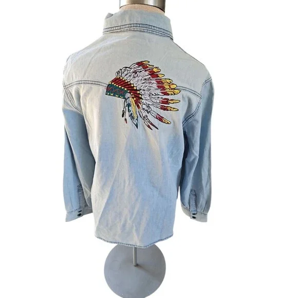 Fashion Express Button Up Denim Shirt With Embroidered Indian Chief Size M - Picture 3 of 12